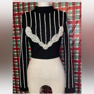 Black Long Sleeve Top with Pearl Embellishments